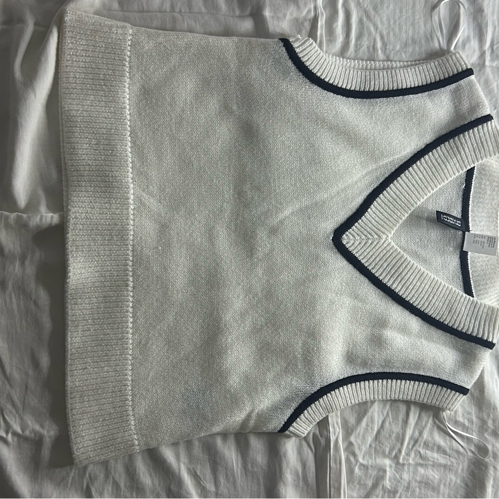 Divided White V-Neck Sweater Vest with Black Trim